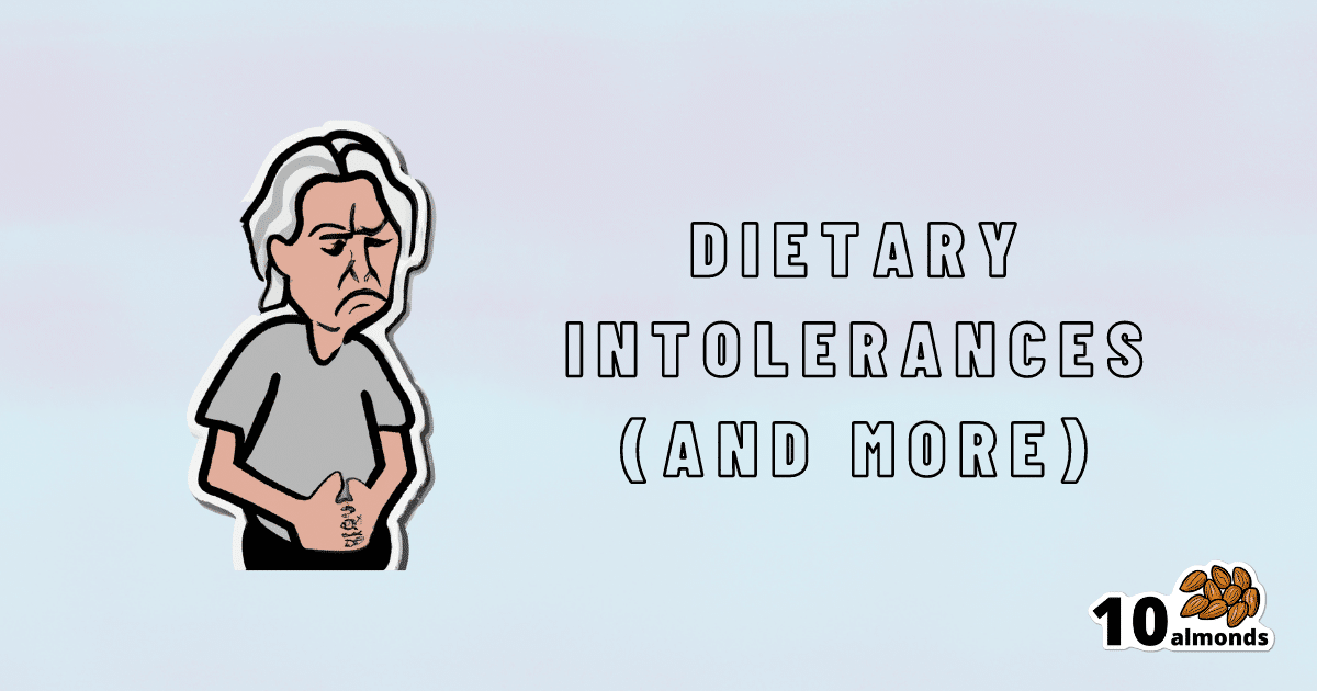 A cartoon image of a man showcasing dietary intolerances and more.