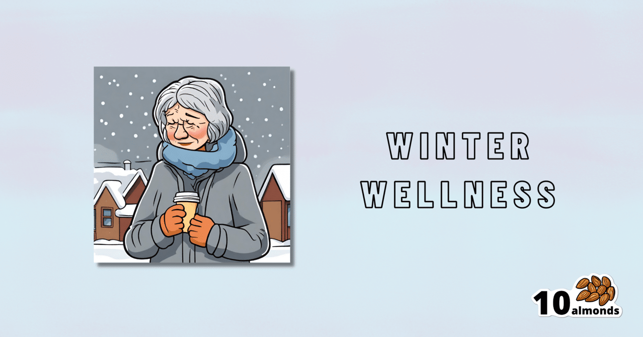 A cartoon woman holding a cup of coffee with the words winter wellness, emphasizing health risks during cold weather.