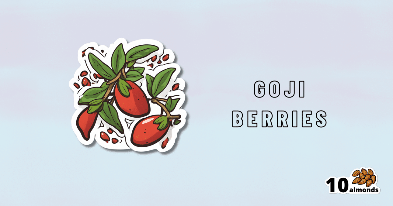 A sticker featuring the words "Goji Berries" to highlight their benefits.