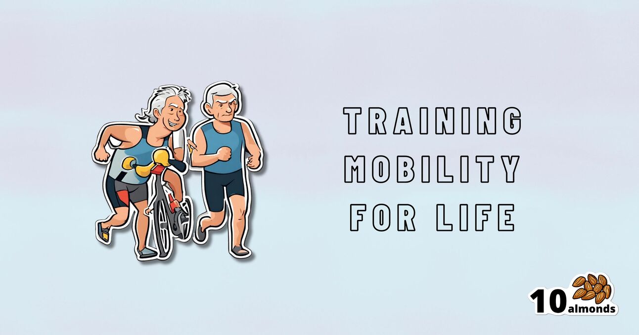 Illustration of two older adults, a woman and a man, jogging with bicycle parts in the background. The text reads "Training Mobility for Life" and features a logo in the bottom right corner with the text "10 almonds" and an image of almonds. Join this event to train for a healthier life!