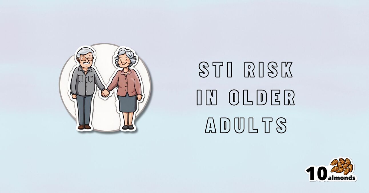 A digital illustration depicts an elderly couple holding hands. Beside them, the text reads "STI RISK IN OLDER ADULTS." In the bottom right corner, there is an image of 10 almonds. The background is light blue with a white circular backdrop behind the couple, highlighting the rise in STIs among older adults.