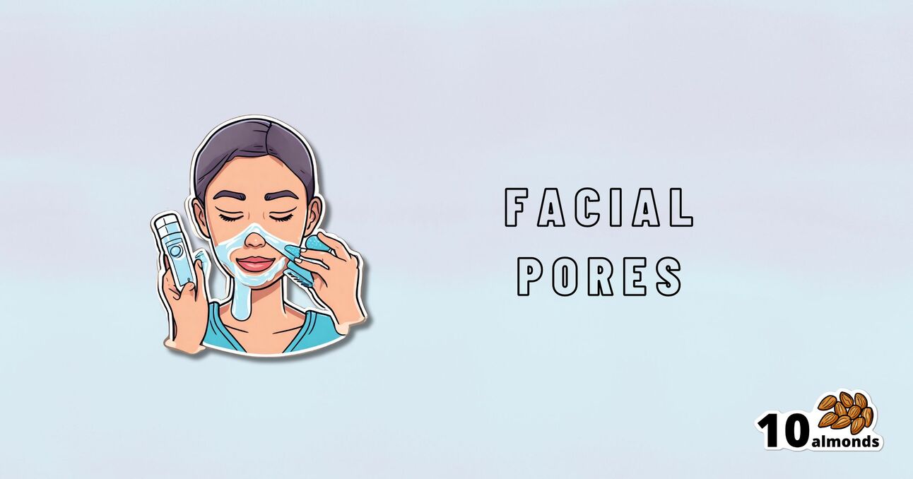 Illustration of a person applying skincare products to the face with text reading "Facial Pores" on the right side. In the bottom right corner, there is a small image of almonds with the number 10 above them. The background is light blue, emphasizing the importance of skin health.