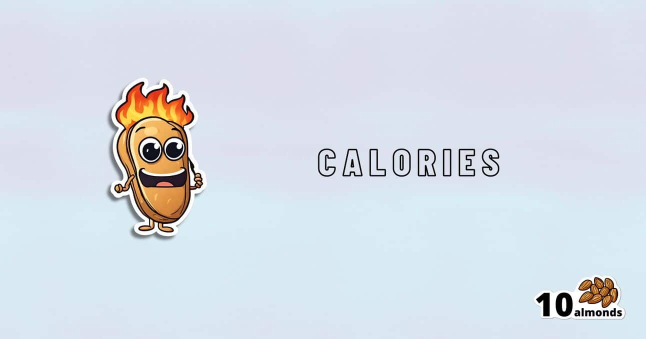 A cartoon almond character with flames on its head smiles next to the word "CALORIES" in capital letters, embodying a calorie-burning machine. In the bottom right corner, there is an image of ten almonds with the text "10 almonds.