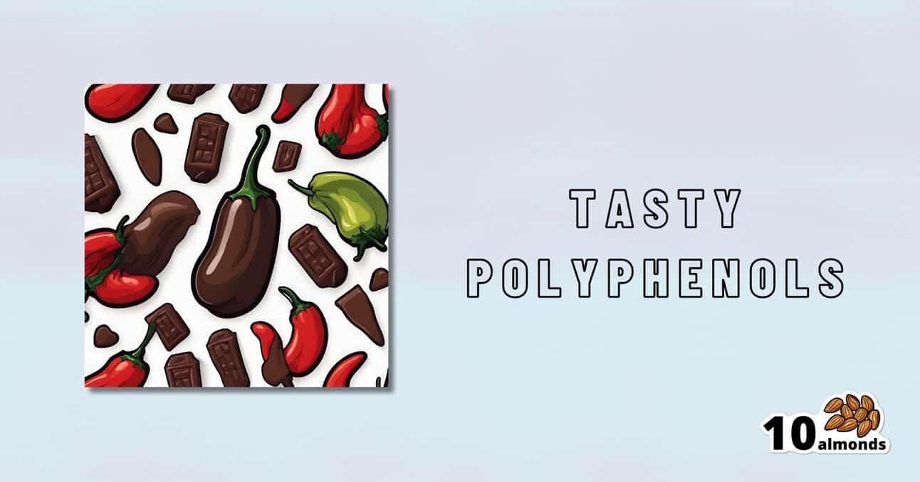 A square pattern featuring illustrations of chocolate bars, cocoa beans, and various chili peppers with the text "tasty polyphenols for heart health" and a logo that reads "10 almonds" to the