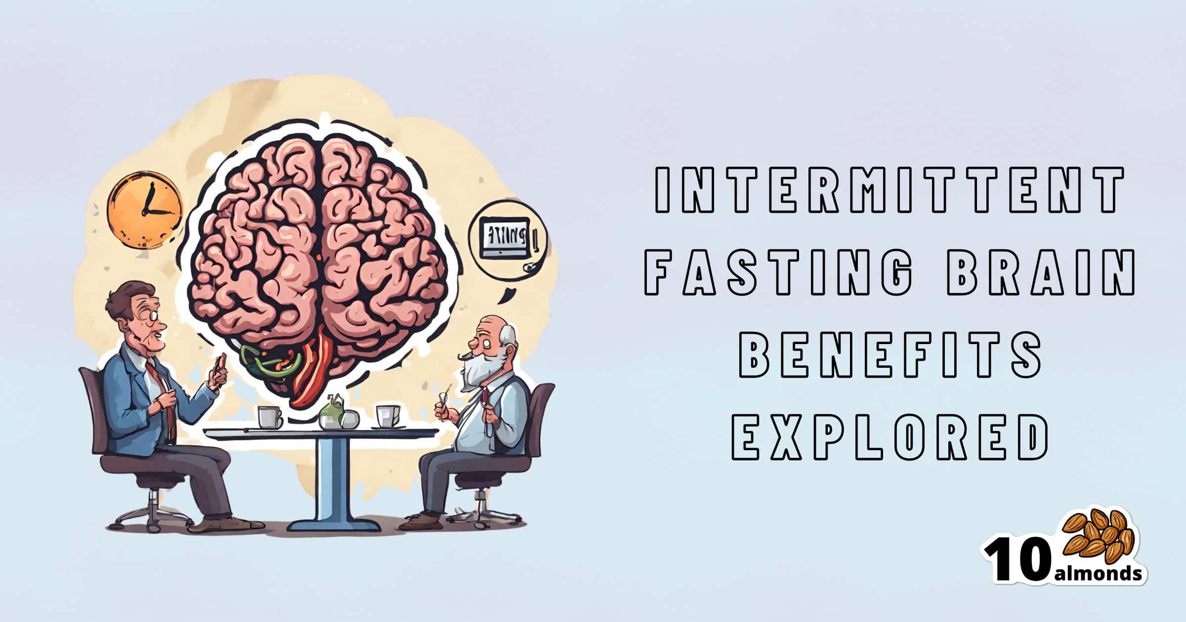 A digital illustration shows two people sitting at a table, each with a plate of food, and a large brain above them. A thought bubble over the right person's head reads "Fasting." The text on the right reads "Intermittent fasting brain benefits explored" beside the 10 almonds logo.