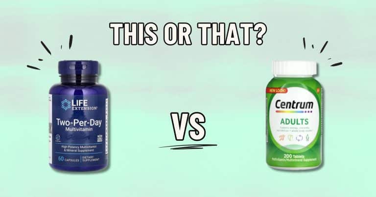 Comparison of two multivitamin brands: Life Extension Multivitamins two-per-day versus Centrum Multivitamins for adults.