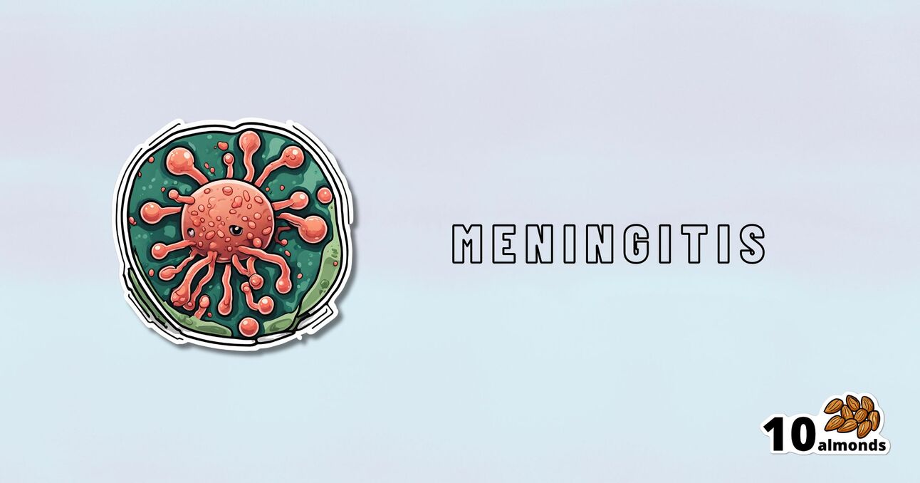 A stylized illustration of a meningitis virus is on the left side against a light blue background. The word "MENINGITIS OUTBREAK" is in bold, uppercase letters to the right of the image. In the bottom right corner, there is a cluster of almonds with the text "10 almonds".