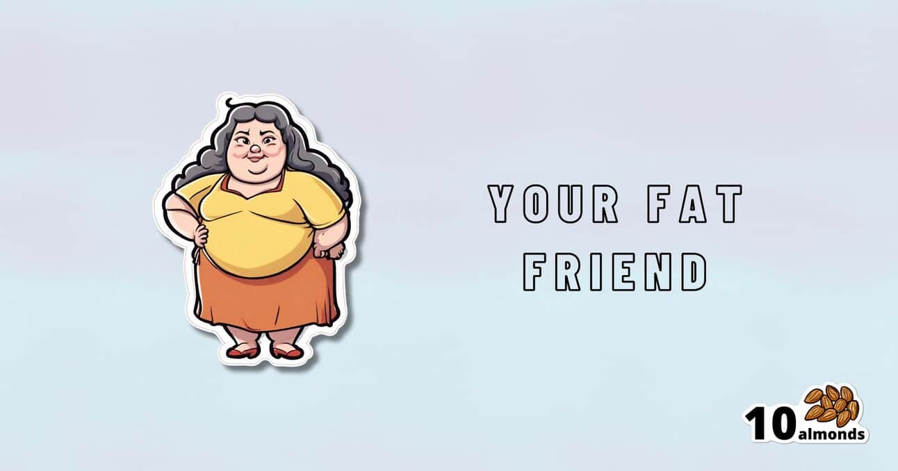 A graphic features an illustrated woman with long, curly hair, wearing a yellow shirt and an orange skirt. To her right, text reads "YOUR FAT FRIEND." At the bottom right corner, there is an image of ten almonds with the text "10 almonds" beside it, highlighting the barriers to maintaining health.