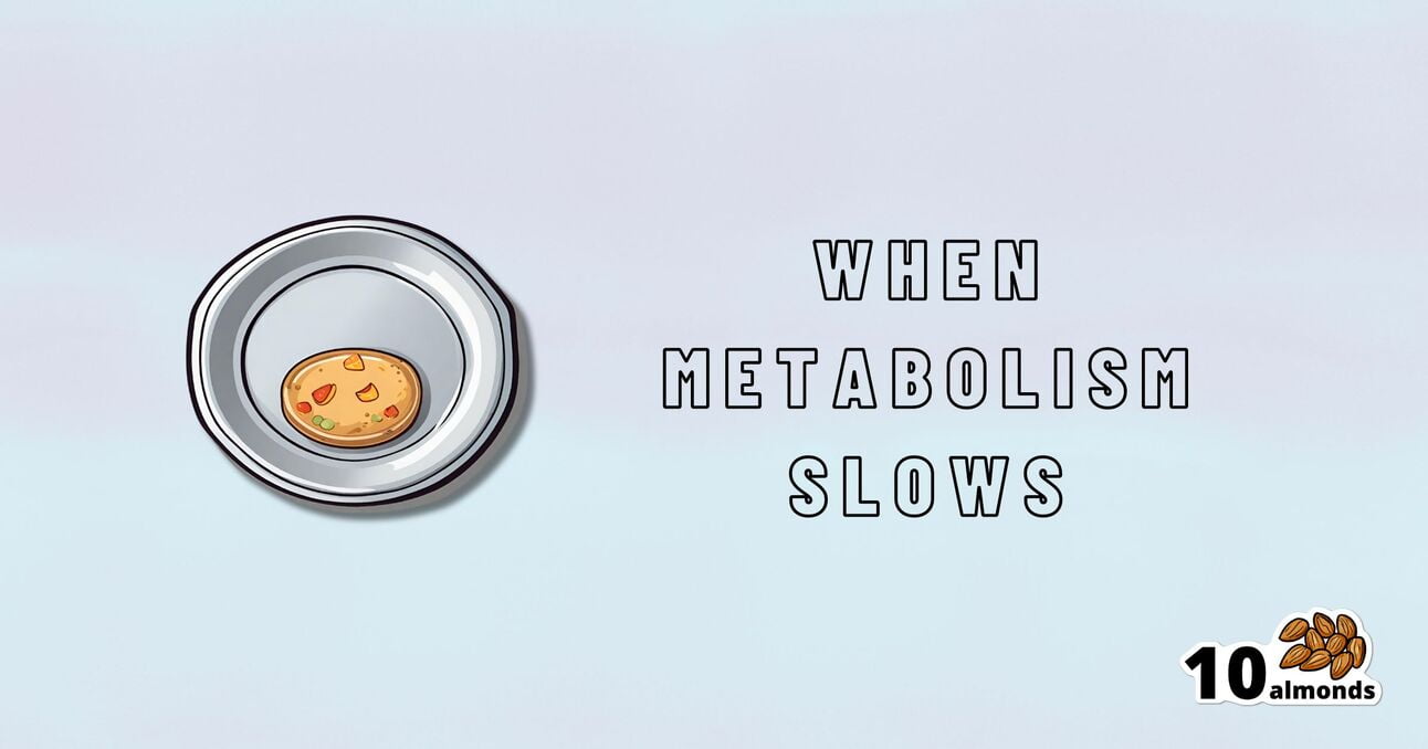A small plate with a cookie is displayed on the left side of the image. The text "WHEN METABOLISM SLOWS" is written in bold black letters to the right of the plate, hinting at a metabolic slump. In the bottom right corner, an icon of 10 almonds suggests a snack to help minimize aging effects.