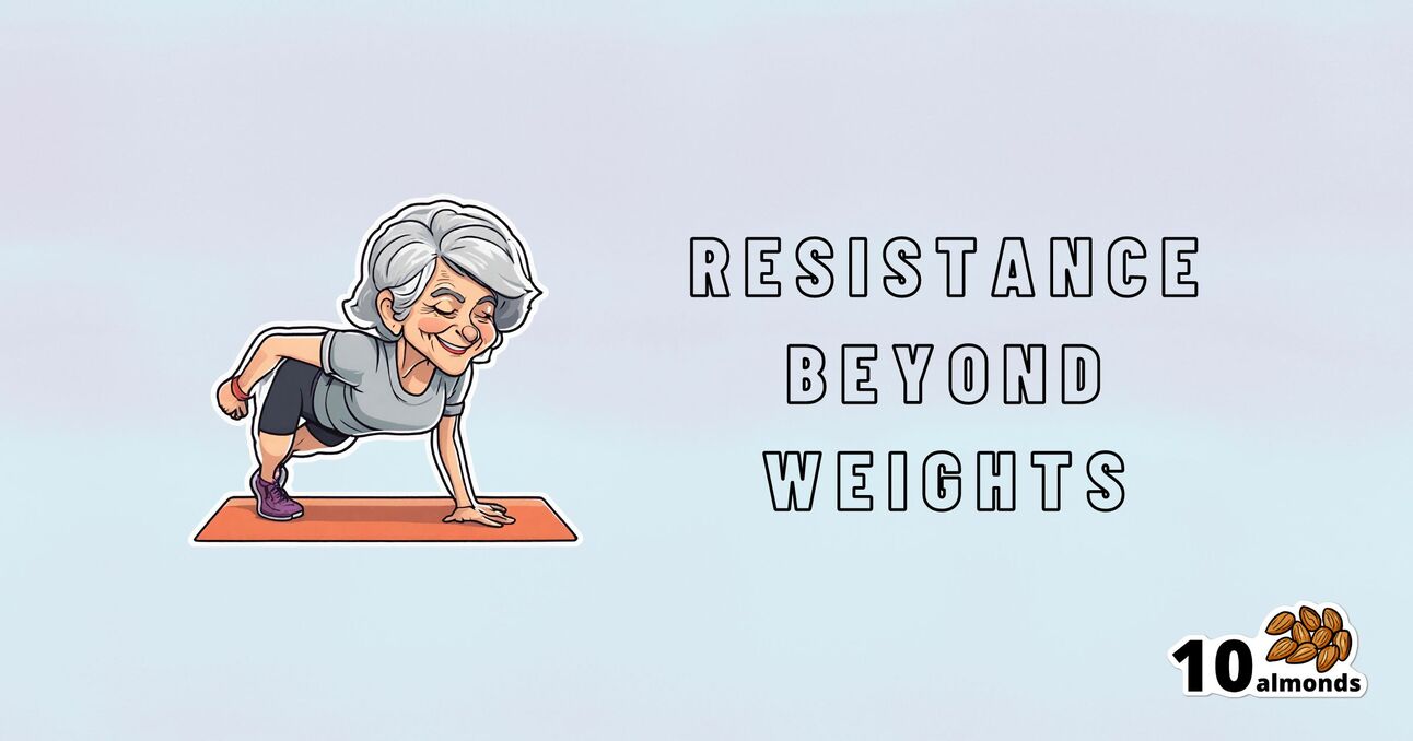 Illustration of an elderly woman in athletic wear doing a plank with a dumbbell. The background is light blue, and the text "RESISTANCE BEYOND WEIGHTS" appears to the right of her. In the bottom-right corner, there is a "10 almonds" logo with an image of almonds.