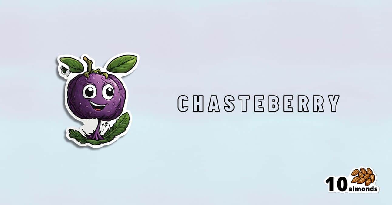 A cartoonish, smiling purple berry with two arms, holding a leaf is illustrated. The label "CHASTEBERRY" is written in large letters to the right of the berry. Known as "The Unchaste Berry," it stands proudly. In the bottom right corner, there is an icon of 10 almonds with the text "10 almonds" underneath.