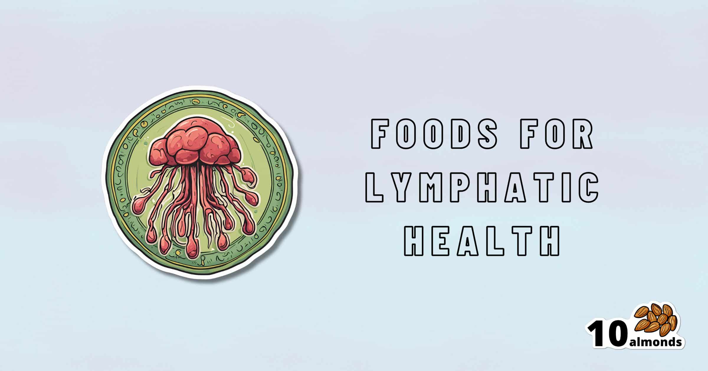 An illustration of a jellyfish on a circular green background is positioned on the left side. Text on the right reads "Foods for Lymphatic Health and Lymph Flow." A small image of 10 almonds with accompanying text is at the bottom right. The background is light blue.