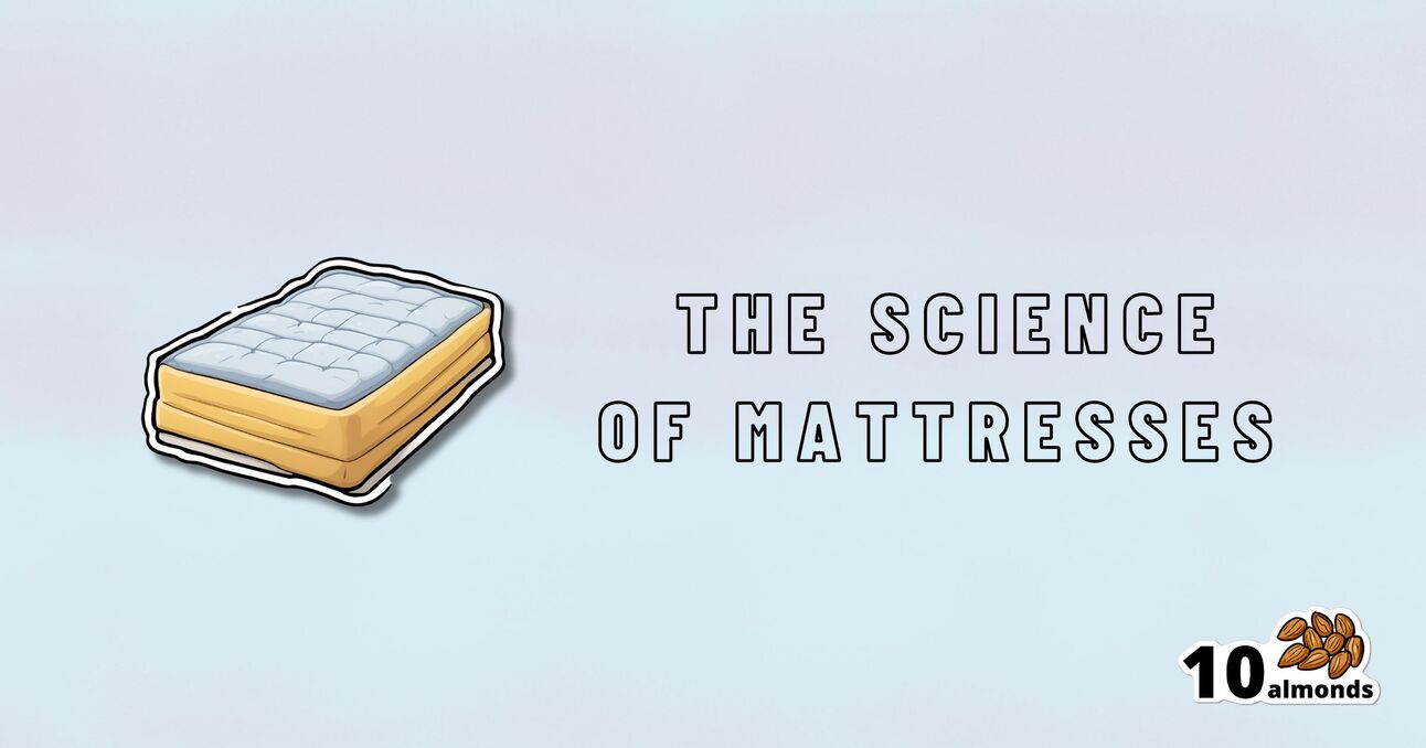 An illustrated mattress is on the left side of a pale blue background, with the text "The Science of Mattresses" in bold capital letters. In the bottom right corner, a "10 almonds" logo features a small pile of almonds. Discover the best mattresses through scientific insights.