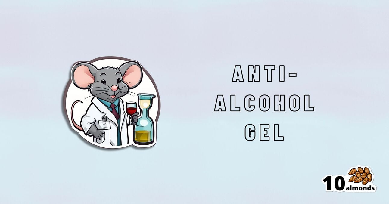 An illustration of a cartoon mouse in a lab coat holding a glass filled with red liquid and a beaker with yellow liquid, showcasing the wonders of nanotechnology. Text on the right reads "ANTI-ALCOHOL GEL" and "10 almonds" with an image of 10 almonds, highlighting its potential to combat alcohol damage.