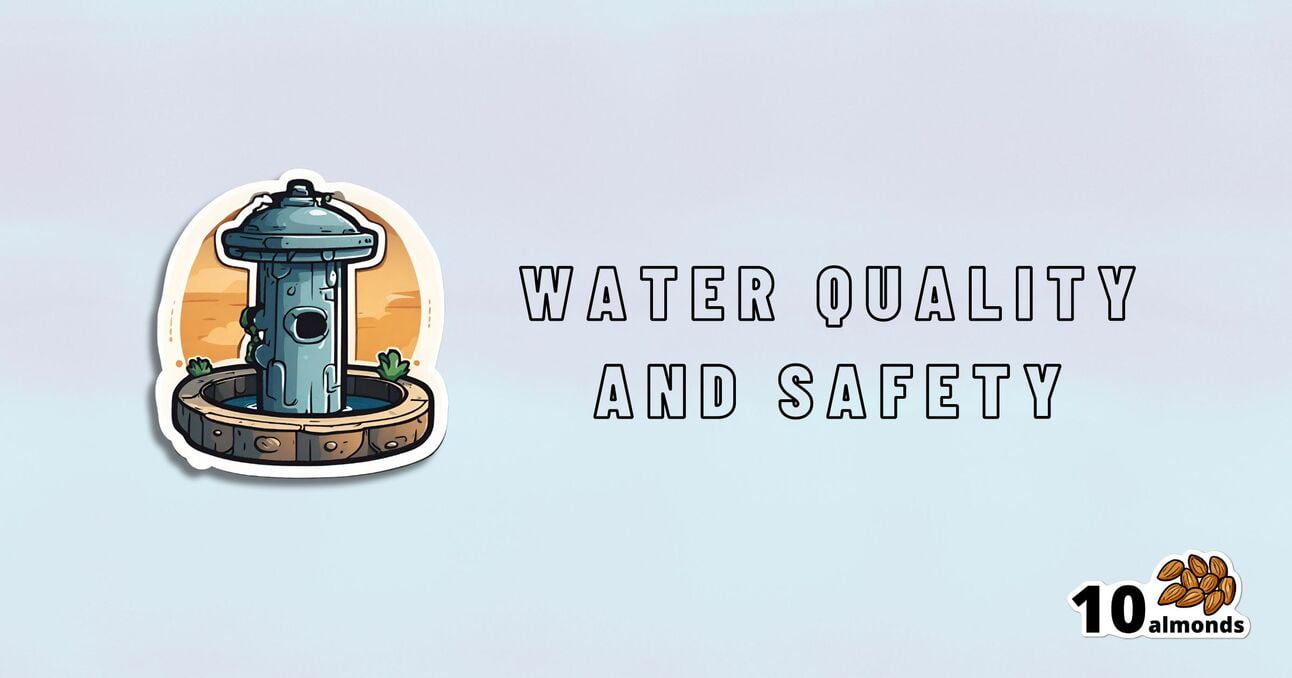 Illustration of a blue water fountain surrounded by a stone base on the left. On the right, text reads "WATER QUALITY AND SAFETY" in bold letters, highlighting the best water to drink. In the bottom right corner, there is a "10 almonds" logo with an image of 10 almonds.
