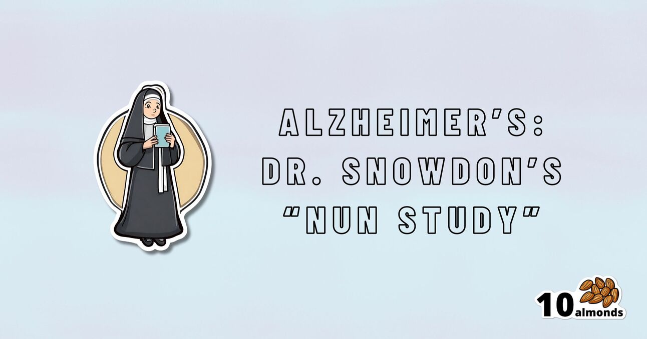 Illustration of a nun holding a book, with the text "Alzheimer’s: Dr. Snowdon’s 'Nun Study'" to the right. The lower right corner displays an icon of 10 almonds, hinting at possible dietary causative factors to avoid in Alzheimer's prevention.