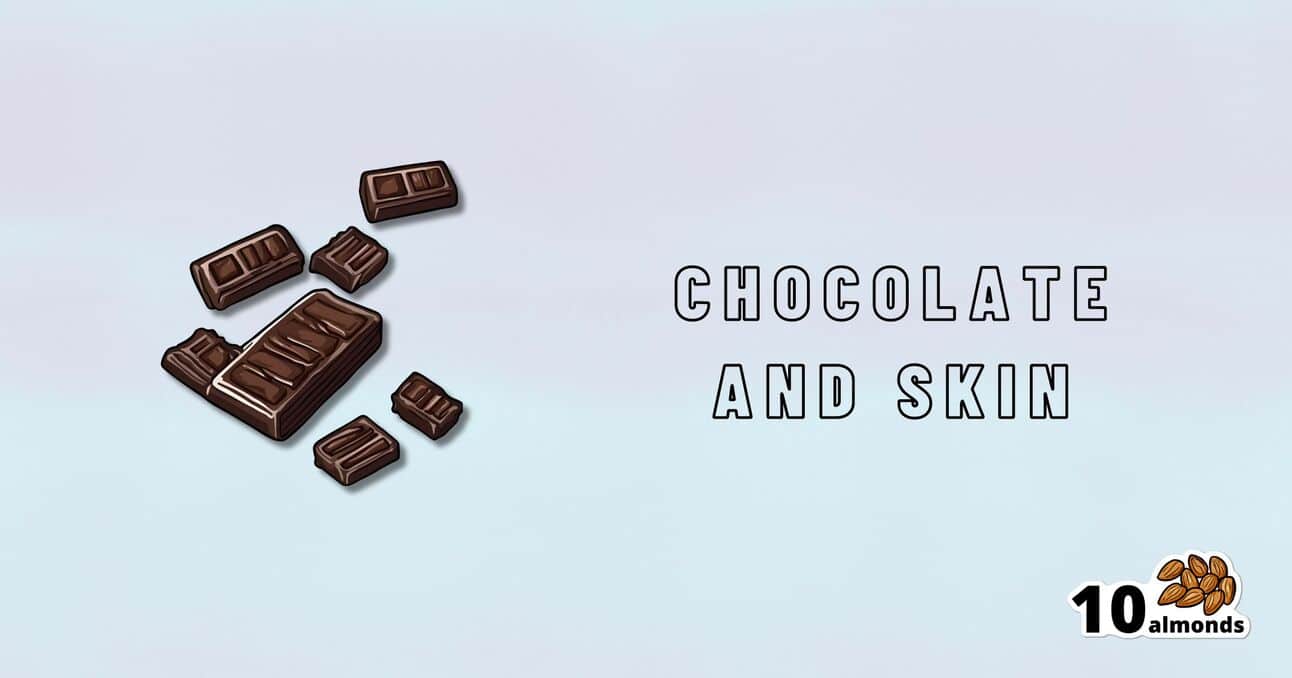 An image displaying pieces of chocolate on the left side. Text on the right reads "CHOCOLATE AND SKIN HEALTH." In the bottom right corner, there is an illustration of 10 almonds with the text "10 almonds" written next to it.