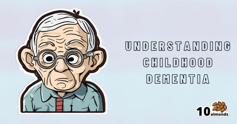 A cartoon illustration of an elderly man with a stern expression, large glasses, and wearing a blue shirt with a red tie. To the right, the text reads, "NEW RESEARCH ON CHILDHOOD DEMENTIA." In the bottom right, "10 almonds" with a small almond graphic.