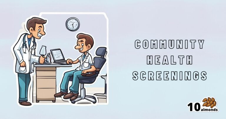 An illustration shows a doctor and a patient in a medical office. The doctor is standing and talking to the patient, who is sitting and looking at a tablet. Text on the right reads "Community Health Screenings," emphasizing services for people of color, with a logo of "10 almonds" at the bottom.
