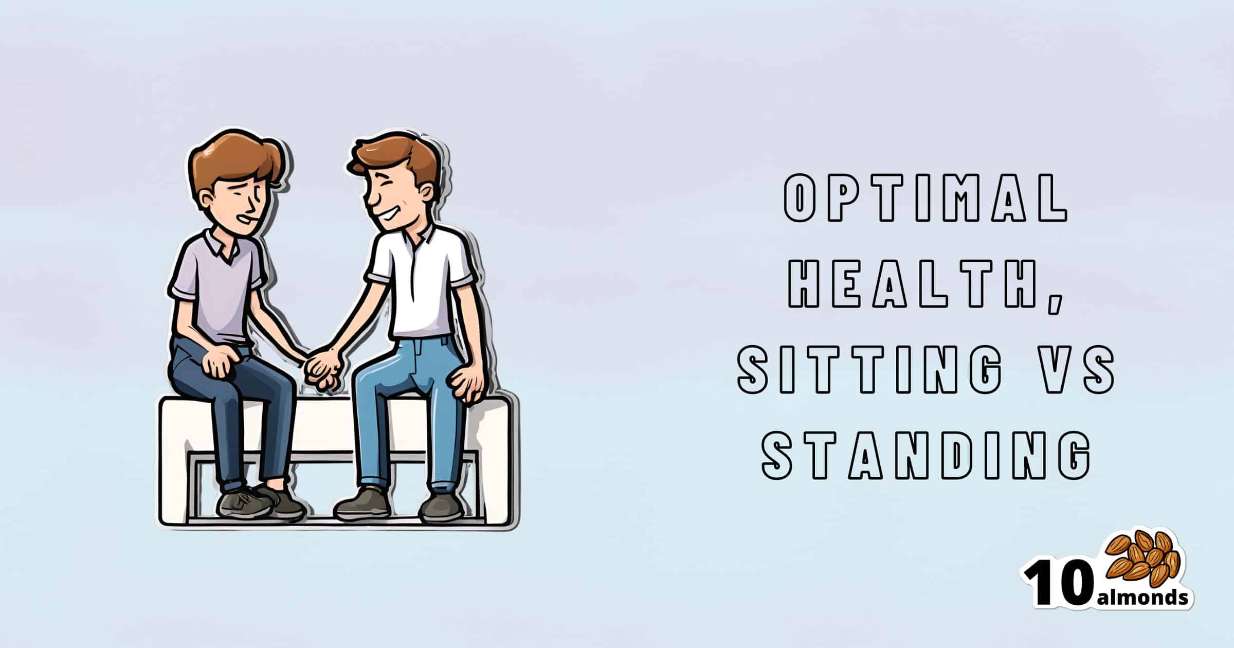 An illustration of two people sitting on a bench holding hands, with the text "Optimal Health: Sitting vs Standing" next to them. In the bottom right corner, there is an image of 10 almonds with the text "10 almonds" written above it.