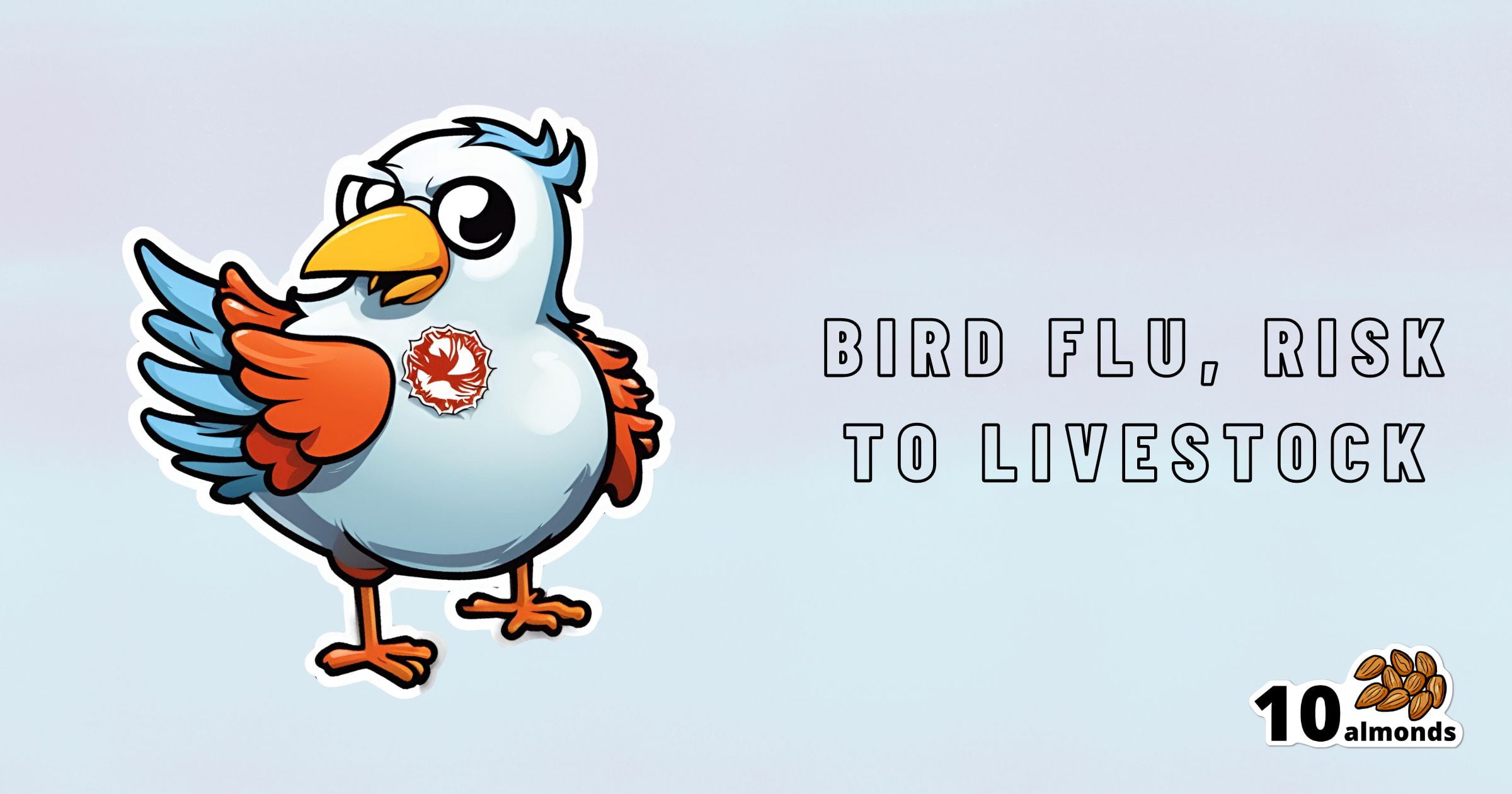 An illustrated cartoon bird with red and blue feathers and an annoyed expression is standing next to bold text that reads, "BIRD FLU, RISK TO POULTRY." The image is branded with "10 almonds" in the bottom right corner.