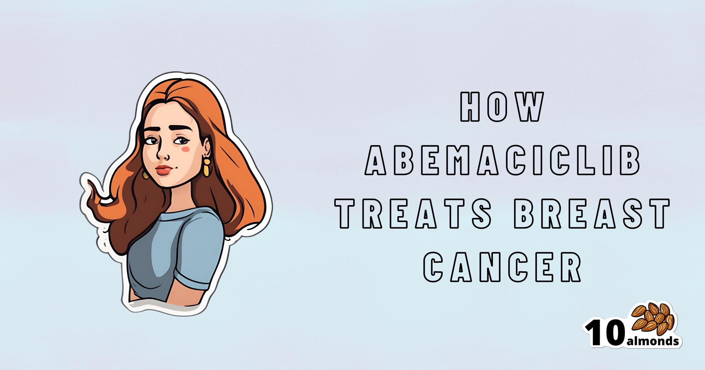 An illustration of a woman with long, wavy hair wearing a blue shirt is on the left side of the image. On the right, the text reads "How Abemaciclib Treats Breast Cancer," with a "10 almonds" logo in the bottom right corner.