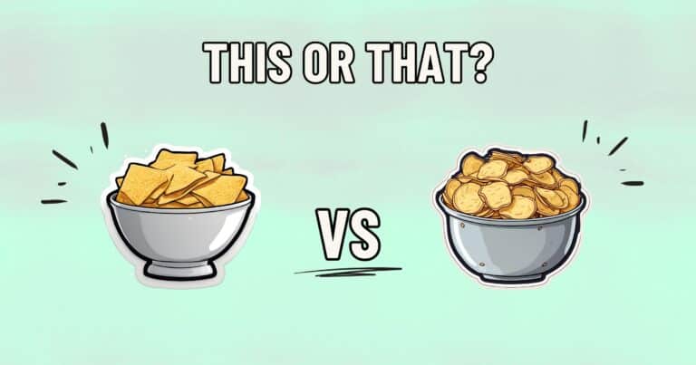 Image with a light green background featuring two bowls: one on the left filled with corn chips, and one on the right filled with potato chips. The text "THIS OR THAT?" is above the bowls, with a "VS" between them. Which snack is healthier?