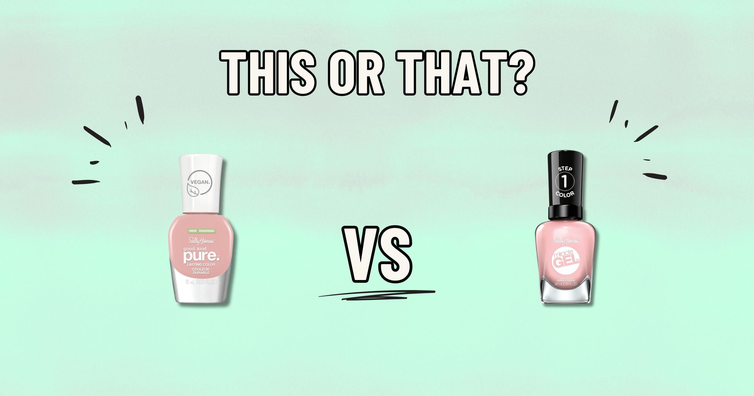 A soft green background features two nail polish bottles with "THIS OR THAT?" written above. On the left is a white-capped bottle labeled "Sally Hansen pure." with pale pink regular nail polish. On the right is a black-capped bottle labeled "Sally Hansen Miracle Gel" with pink gel nail polish. "VS" is written in between.