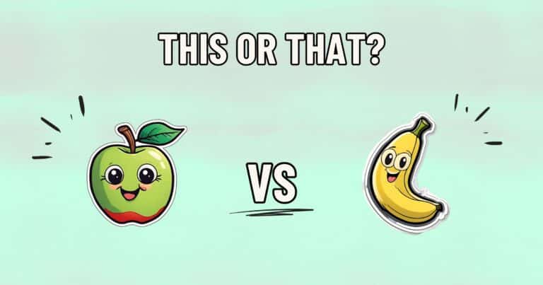 Cartoon image featuring a happy, smiling apple with a leaf on the left and a cheerful, smiling banana on the right. The words "THIS OR THAT?" are at the top, with "Healthier Choice?" in the center between the two fruits. The background is light green.