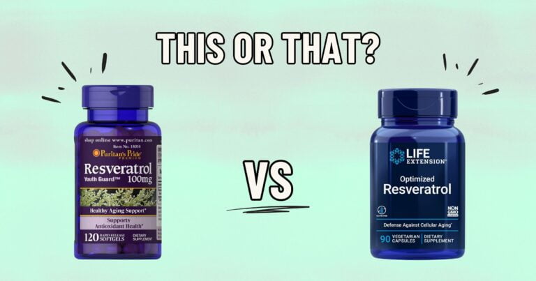 Graphic comparing two supplement bottles labeled "puritan's pride resveratrol" and "life extension optimized resveratrol" with a “vs” in the center, set against a light green
