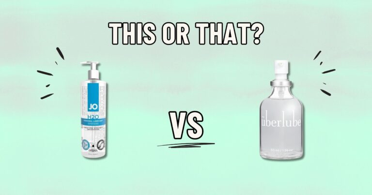 Image showing a comparison between two products: on the left, a bottle with a pump labeled "JO H2O," a water-based lubricant, and on the right, a bottle labeled "überlube," a silicon-based lubricant, with a spray nozzle. The text "THIS OR THAT?" is at the top, with "VS" in the center between the products.