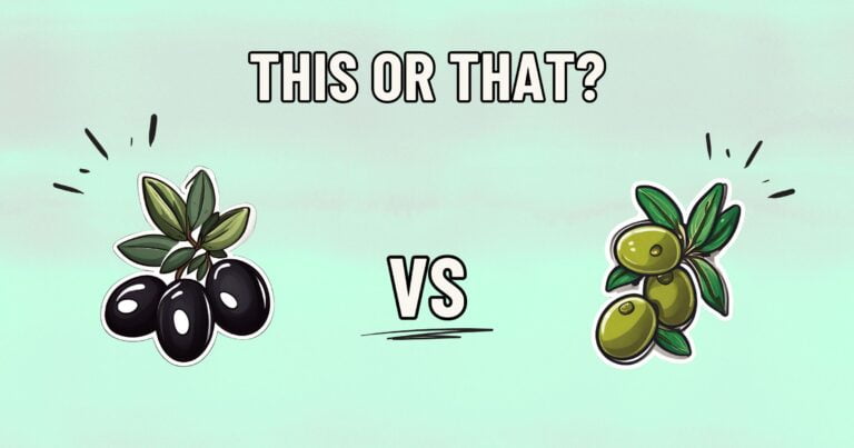 An image with a light green background showing a comparison between two types of olives. On the left is a drawing of black olives with the text "This", and on the right is a drawing of green olives with the text "That". "VS" is in the center, highlighting which option might be healthier.