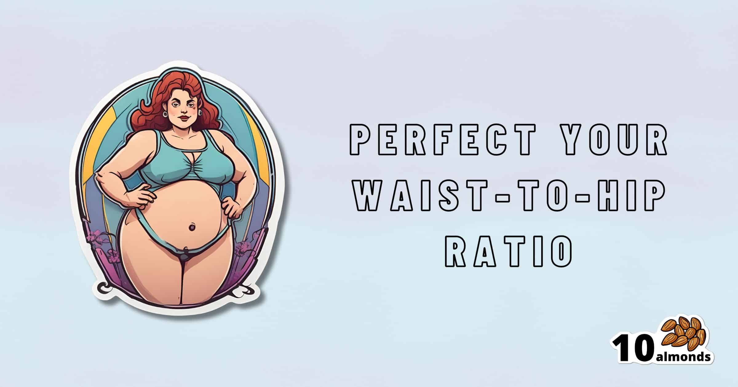 A cartoon drawing of a woman with red hair in green underwear and a blue bra is accompanied by the text "Easy Ways to Perfect Your Waist-To-Hip Ratio" on the right. A logo in the bottom right corner reads "10 almonds" and displays an image of ten almonds.