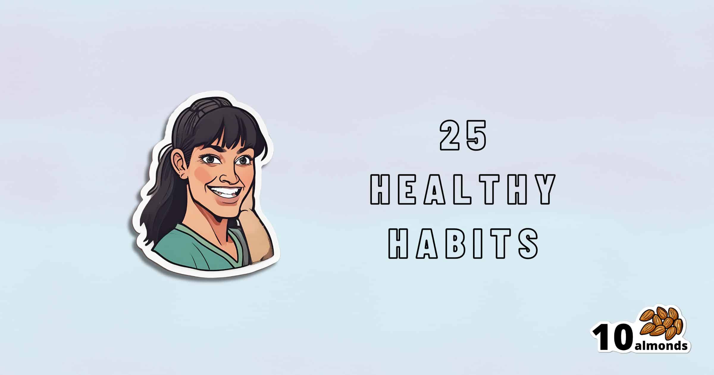 An illustration of a smiling woman with text on the right that reads "25 Healthy Habits to Change Your Life." In the bottom right corner, there is a "10 almonds" logo featuring ten almonds. The background is a light gradient.