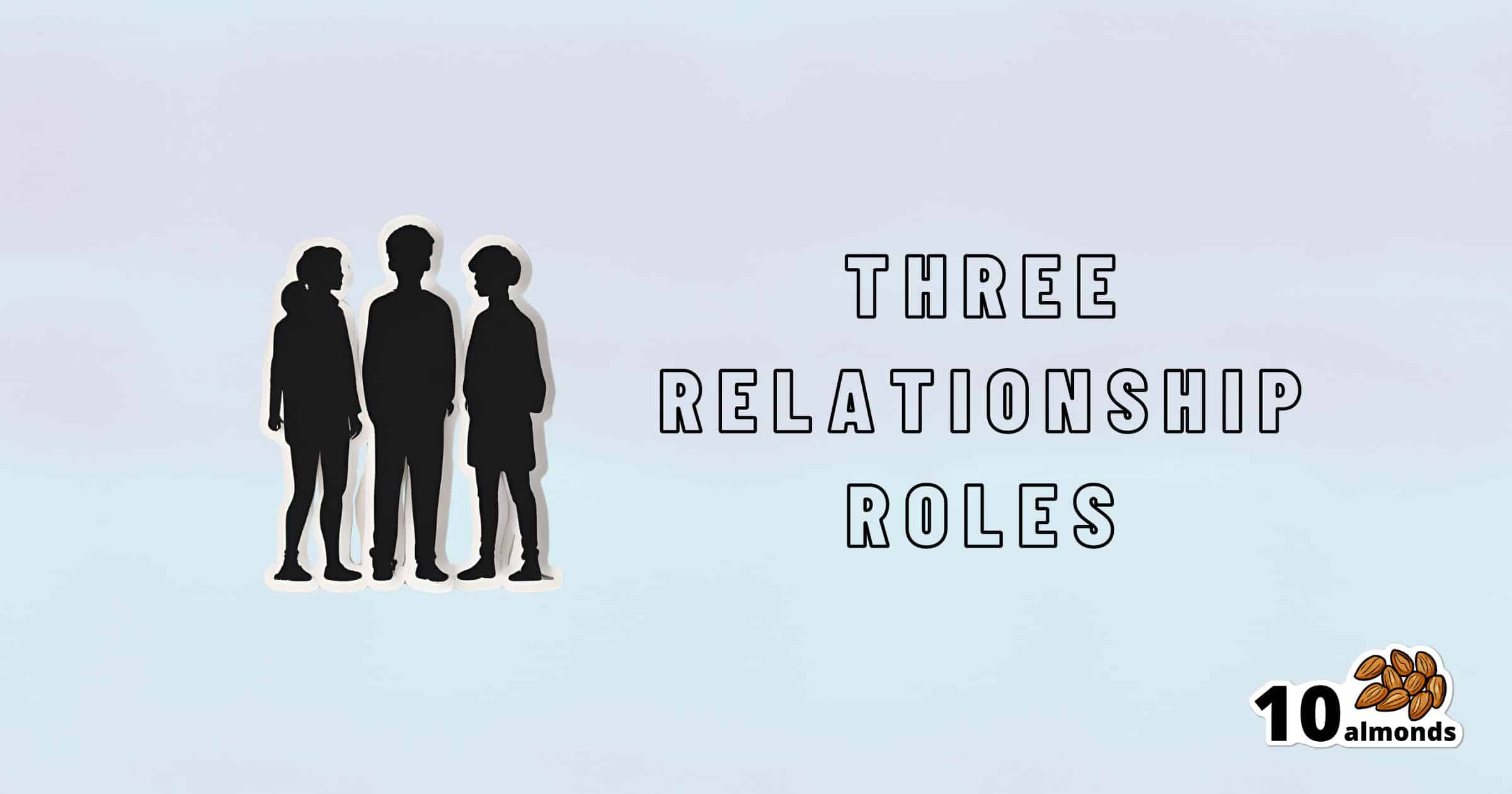 A graphic with a pastel blue background shows silhouettes of three standing people on the left. To the right, bold text reads, 'THREE RELATIONSHIP ROLES,' highlighting key love dynamics. In the bottom right, there is a logo with '10' followed by an image of almonds.
