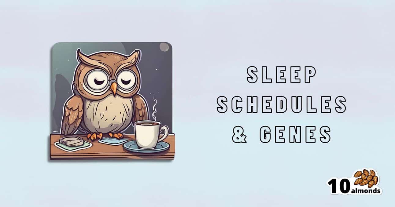 An illustration of an owl, the quintessential night owl, sitting at a table with a cup of coffee. The background is light with text on the right side that reads, "Sleep Schedules & Genes vs Environment." The image also includes a logo with "10 almonds" in the bottom right corner.