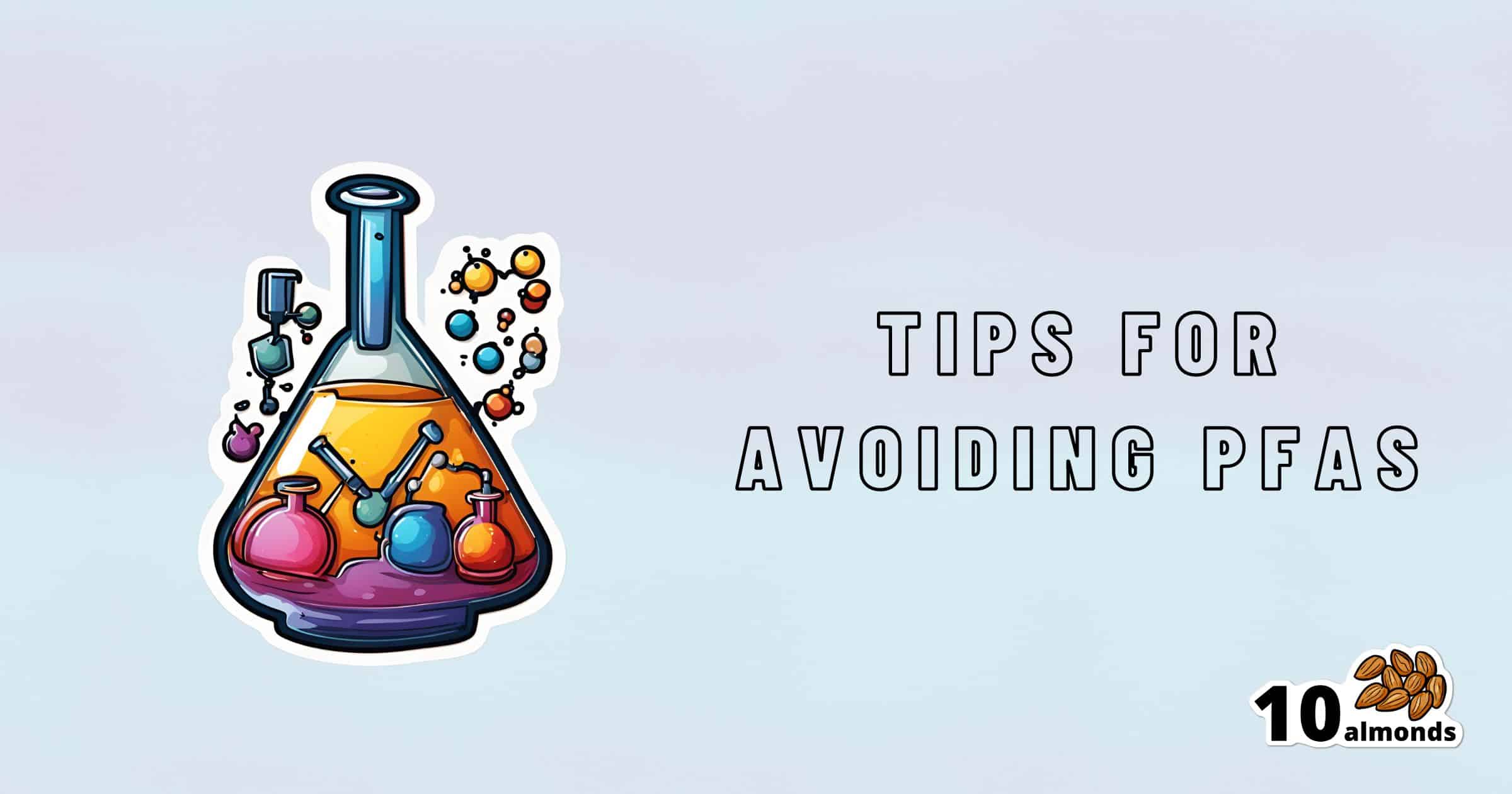 A graphic of a chemistry flask with colorful liquids and chemical symbols next to text that reads "Tips for Avoiding PFAs." The bottom right corner features an image of ten almonds and the text "10 almonds." The background is light gray, optimized with SEO keywords: PFAs.