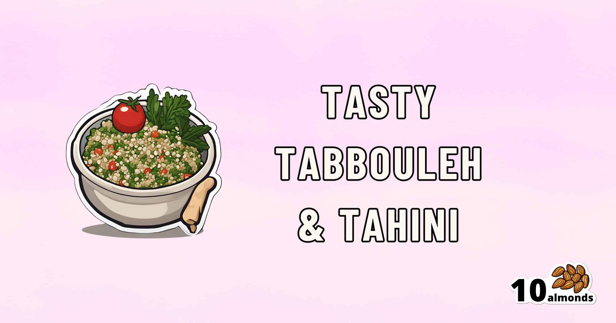 An enticing image showing a bowl of tasty tabbouleh and tahini garnished with a cherry tomato and parsley. The words "Tasty Tabbouleh & Tahini" are written beside the bowl. In the bottom right corner, there's an illustration of ten almonds.