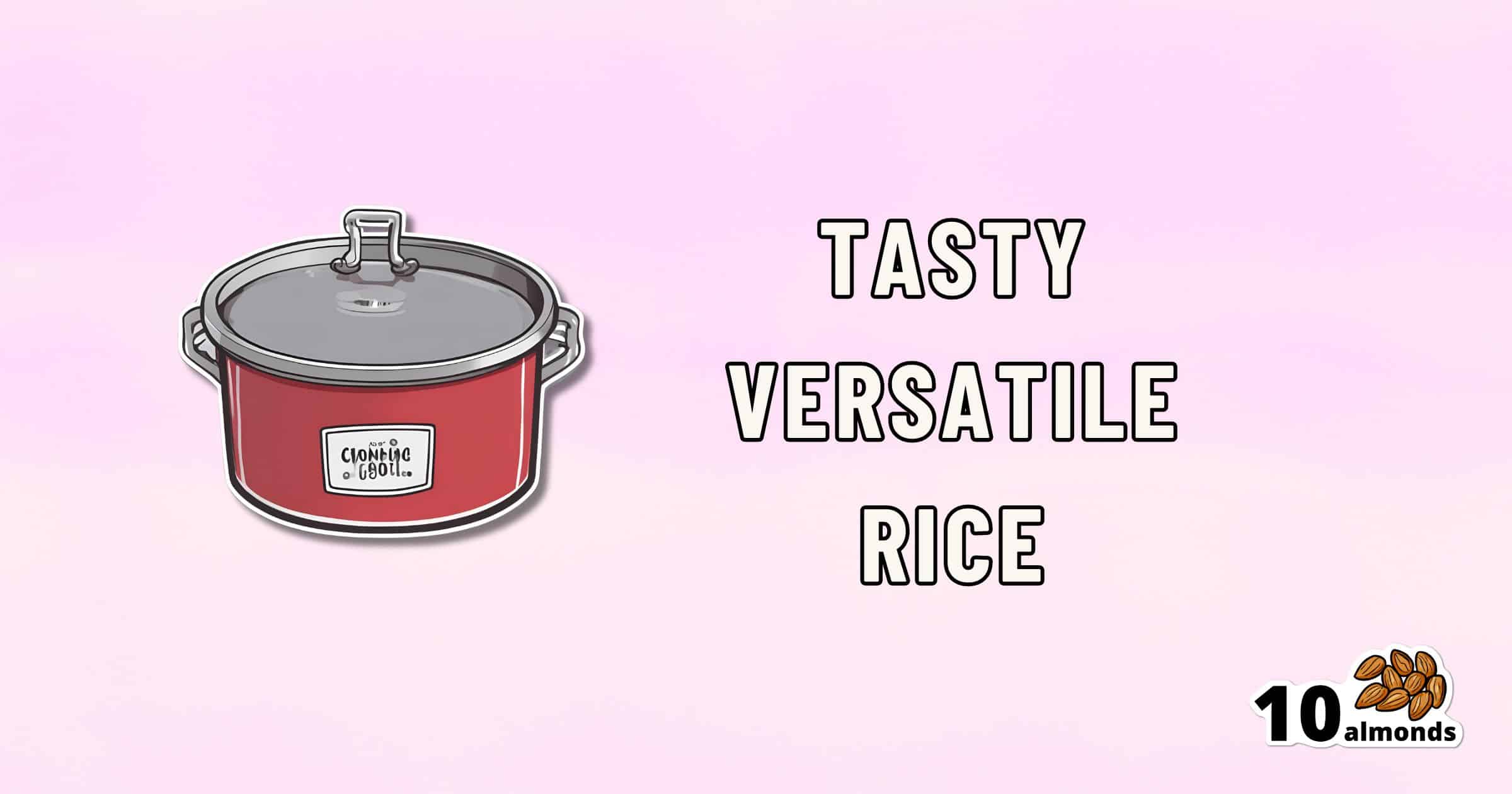 A red cooking pot with a lid is shown on a soft gradient pink background. The text "Tasty Versatile Rice" is written next to the pot. In the bottom right corner, there is an image of 10 almonds, highlighting how versatile this ingredient can be in delightful recipes.
