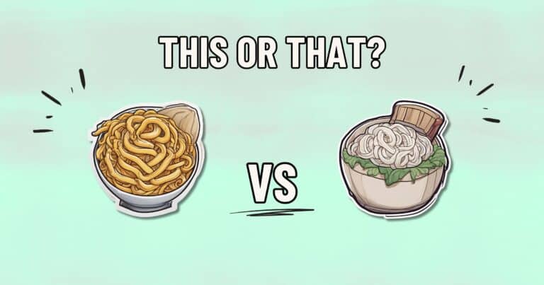 Illustrated image with the text "This or That?" at the top. Below, there are two bowls labeled "VS" in the center. The left bowl contains a serving of pasta, while the right bowl features a healthier option: rice noodles with green leafy vegetables and a wooden object.